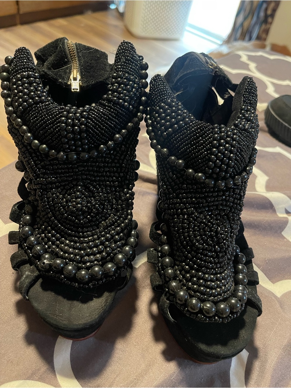 Black Beaded Open-Toe High Heels